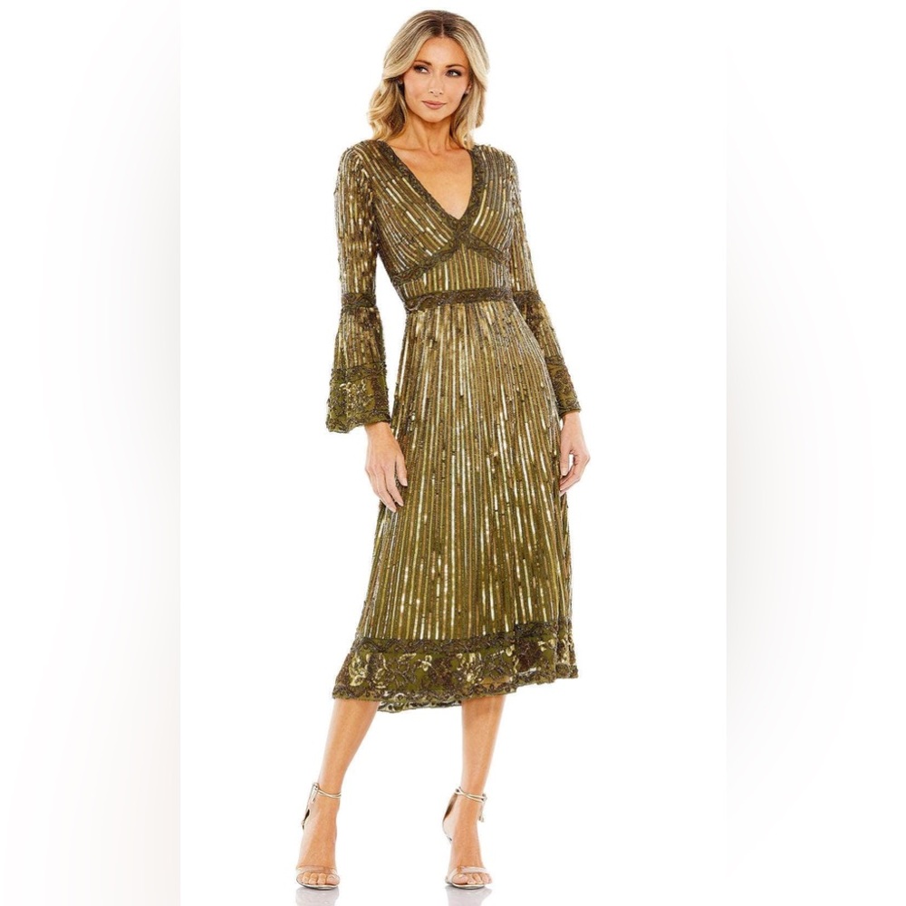 Mac Duggal Green and Gold Pleated Midi Gown